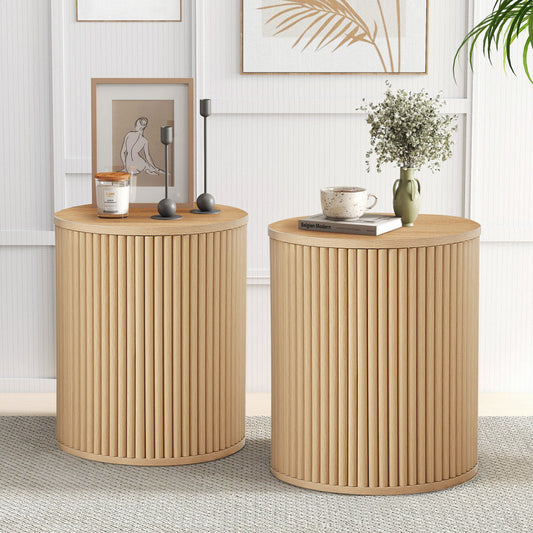 Fluted Round End Table Set of 2-Natural Colour
