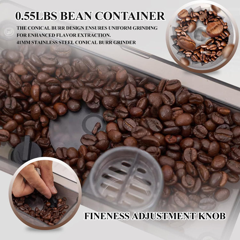 Fully Automatic Espresso Machine Milk Frother+19 Bar Italian Ulka Touch Display+Burr Grinder