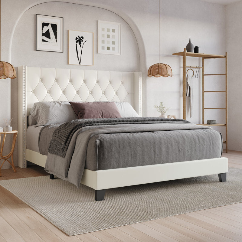 Elison Platform Bed with Fabric Upholstered Headboard and Wooden Slats BEIGE (Twin)