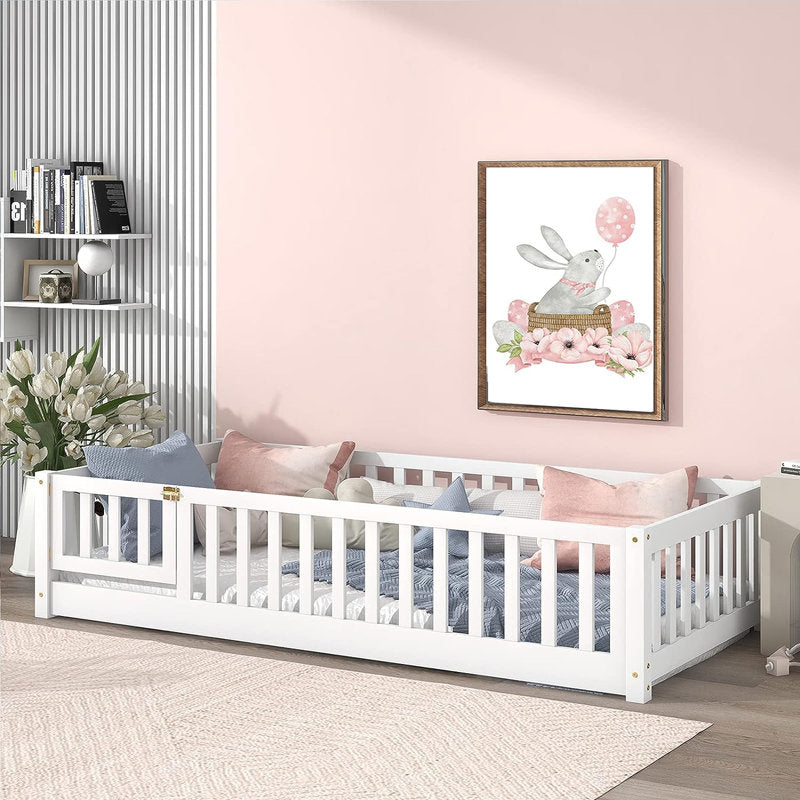 Finka Kids Floor Platforms Bed With Fence and Door (Oak White Queen Bed)