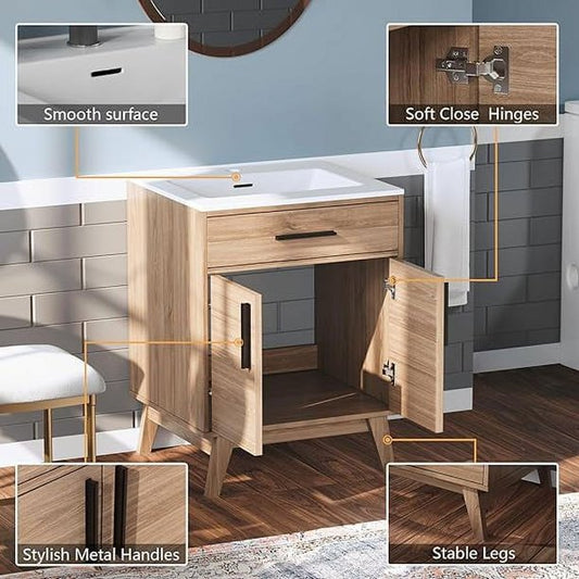 Merluxy 24.5" Bathroom Vanity with Sink Combo, Mid-Century Small Single Bathroom Cabinet Set, Brown