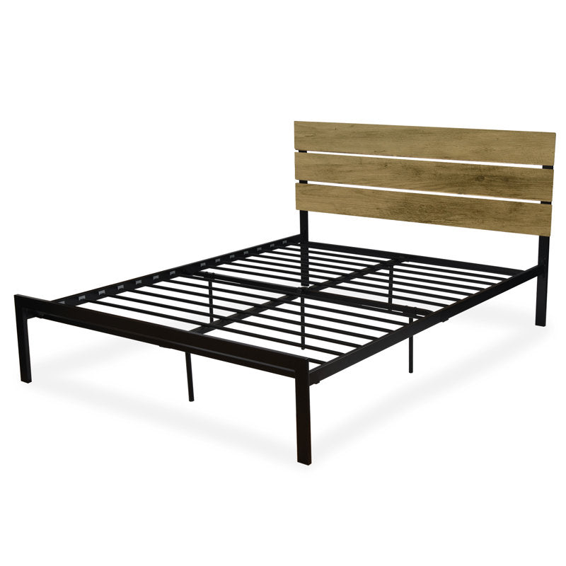 Paloma Metal Platform Bed Frame with Wooden Headboard, No Box Spring Needed Queen Dark Brown