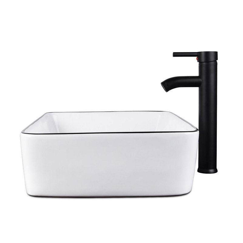 Modern White Ceramic Rectangular Basin Vessel Sink with Faucet