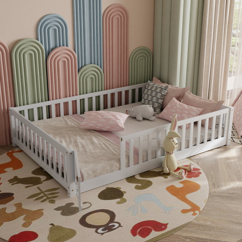 Finka Kids Floor Platforms Bed With Fence and Door (Oak White Queen Bed)