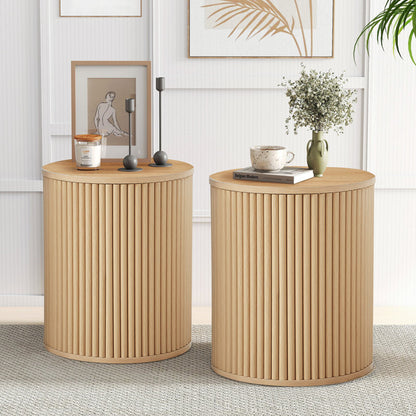 Fluted Round End Table Set of 2-Natural Colour
