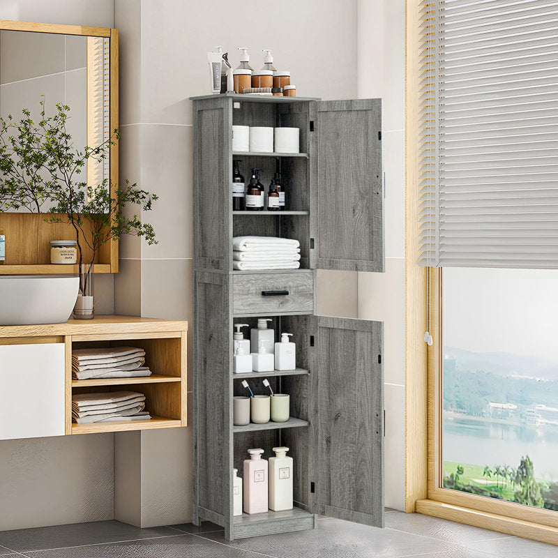 Tall Bathroom Grey Cabinet with 4 Shelves, 2 Doors & 1 Drawer