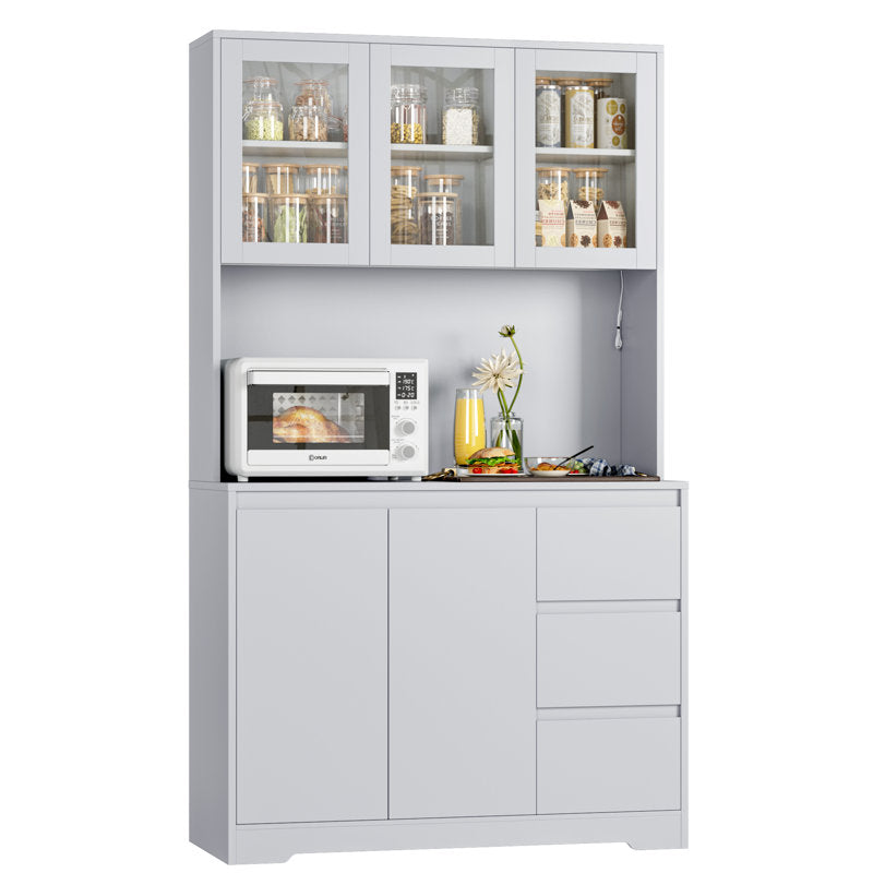 Satavia 70.9'' Kitchen Pantry with LED Lights and Charging Station, Microwave Shelf Grey