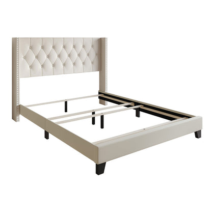 Elison Platform Bed with Fabric Upholstered Headboard and Wooden Slats BEIGE (Twin)