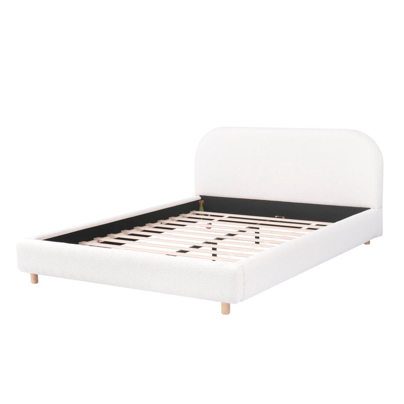 Upholstered Platform Bed with Boucle Fabric,Curve-Shaped Design Headboard, White, Easy Assembly King Size White