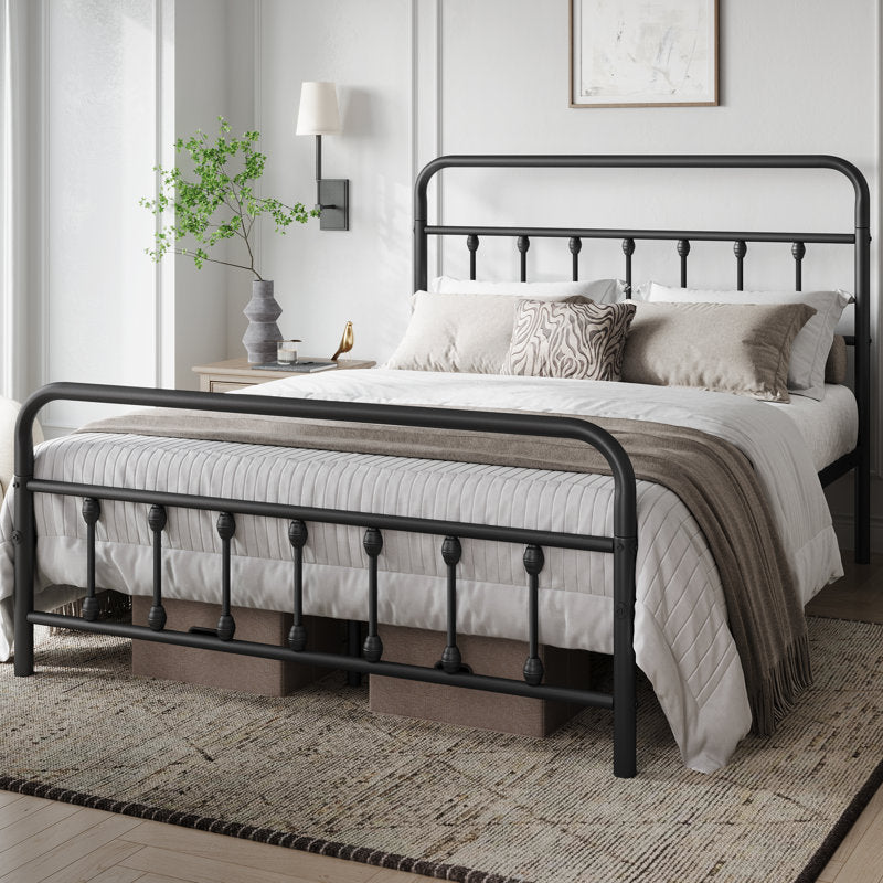 Classic Iron Platform Bed with High Headboard and Footboard Queen Black