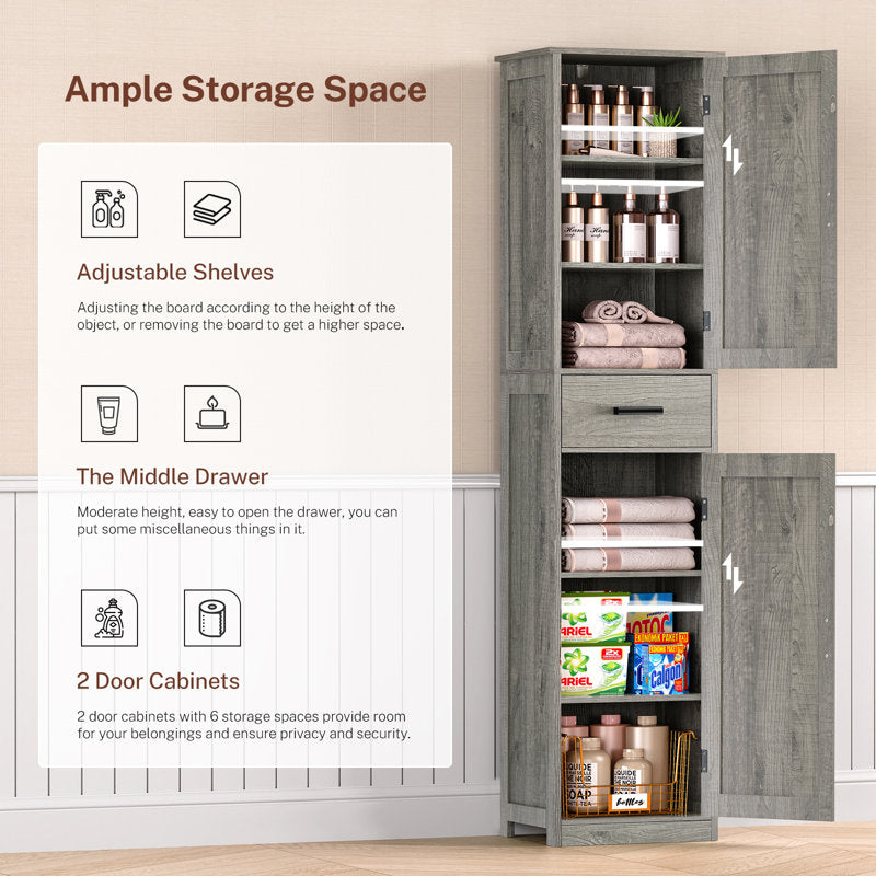 Tall Bathroom Grey Cabinet with 4 Shelves, 2 Doors & 1 Drawer