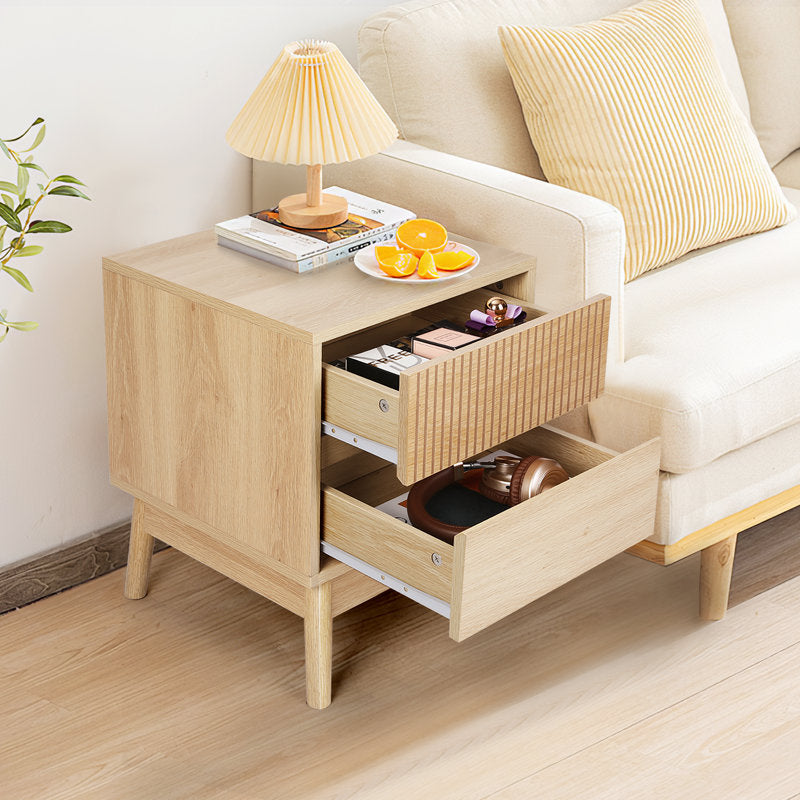 Grooved wood bedside tables with 2 drawers (set of 2)
