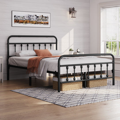 Classic Iron Platform Bed with High Headboard and Footboard Queen Black