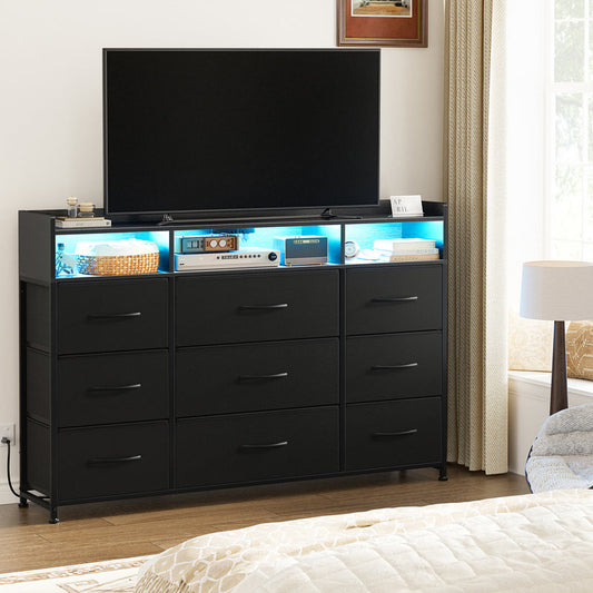 Cheo 9 - Drawer Dresser With 2-Tier Open Shelf, Dresser With Power Outlet & Led, 43"W Dresser For Bedroom (BLACK )