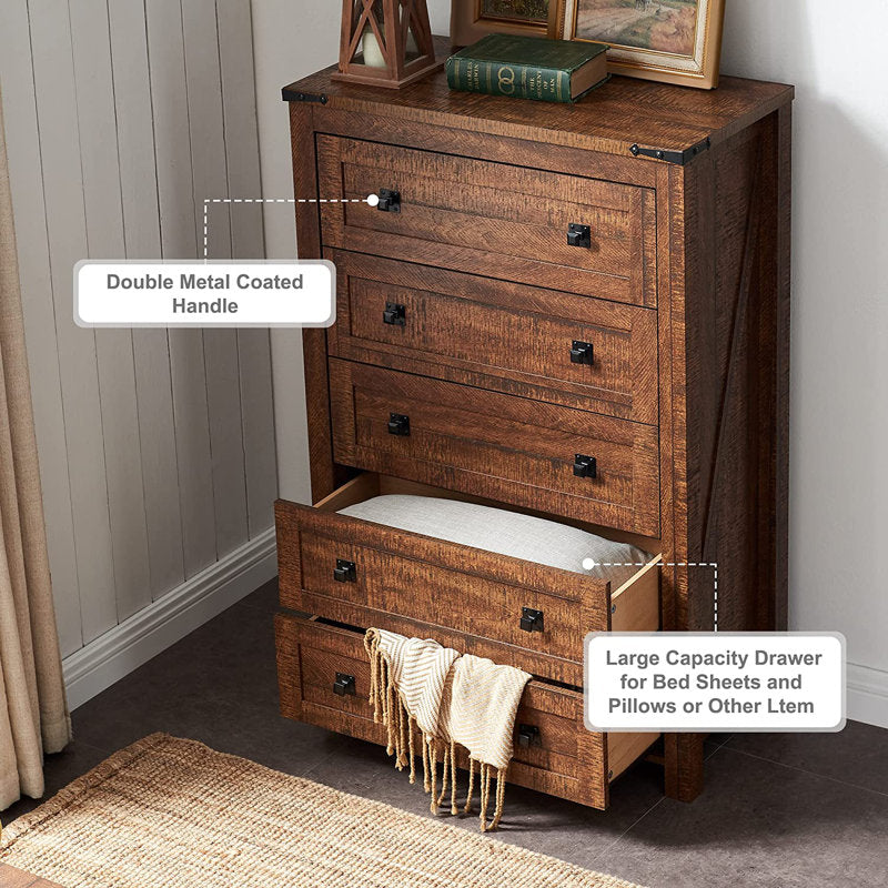 Grantville House 5 - Drawers Dresser Organizer, Rustic Tall Chest of Drawers for Bedroom