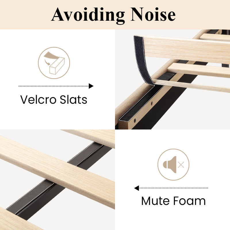 Elison Platform Bed with Fabric Upholstered Headboard and Wooden Slats Beige King Size