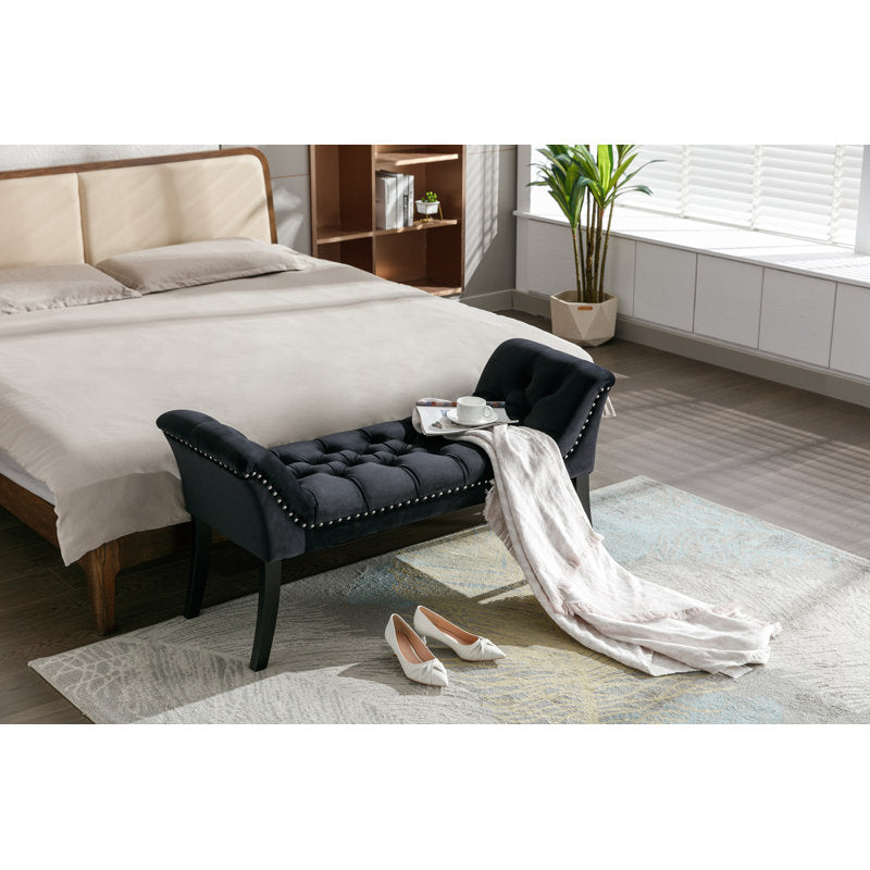Tufted Black Velvet Bench with Rubberwood Legs