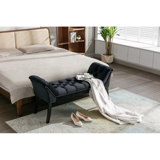 Tufted Black Velvet Bench with Rubberwood Legs