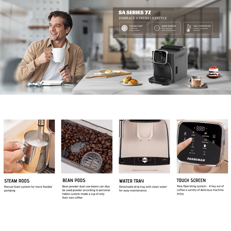 Fully Automatic Espresso Machine Milk Frother+19 Bar Italian Ulka Touch Display+Burr Grinder