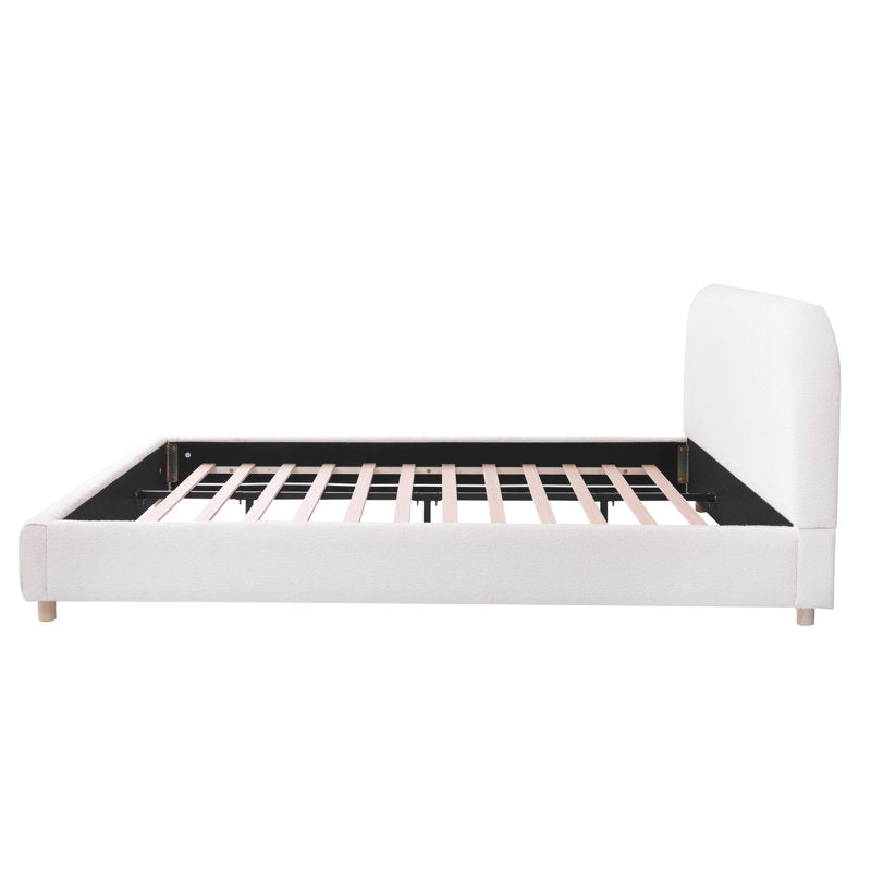 Upholstered Platform Bed with Boucle Fabric,Curve-Shaped Design Headboard, White, Easy Assembly King Size White