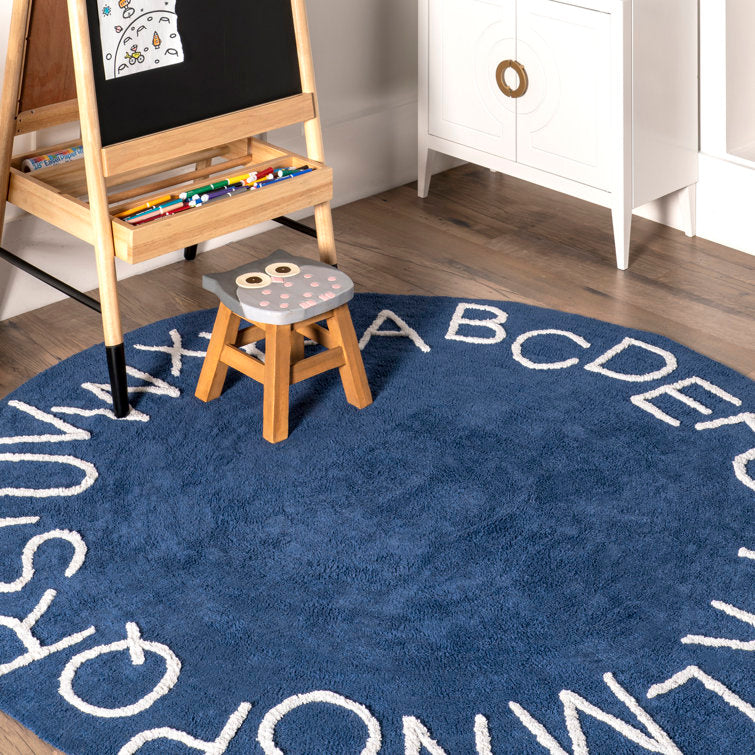 Kids Washable Round Alphabet Rug 4 ft Round Blue