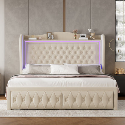 Kaliya Queen Velvet Upholstered Platform Bed: Wingback Headboard with LED Lighting & 2 Storage Drawers, Solid Wood Frame king White