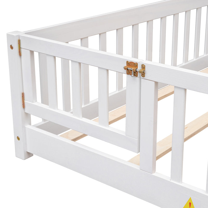 Finka Kids Floor Platforms Bed With Fence and Door (Oak White Queen Bed)