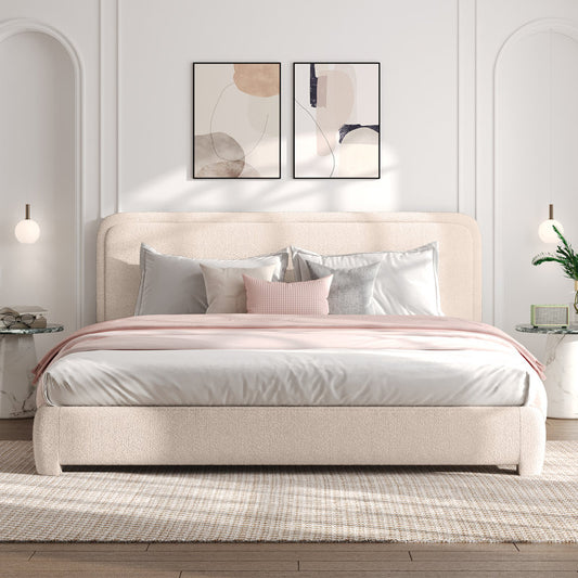 Bensu Boucle Upholstered Platform Bed Cream King Size