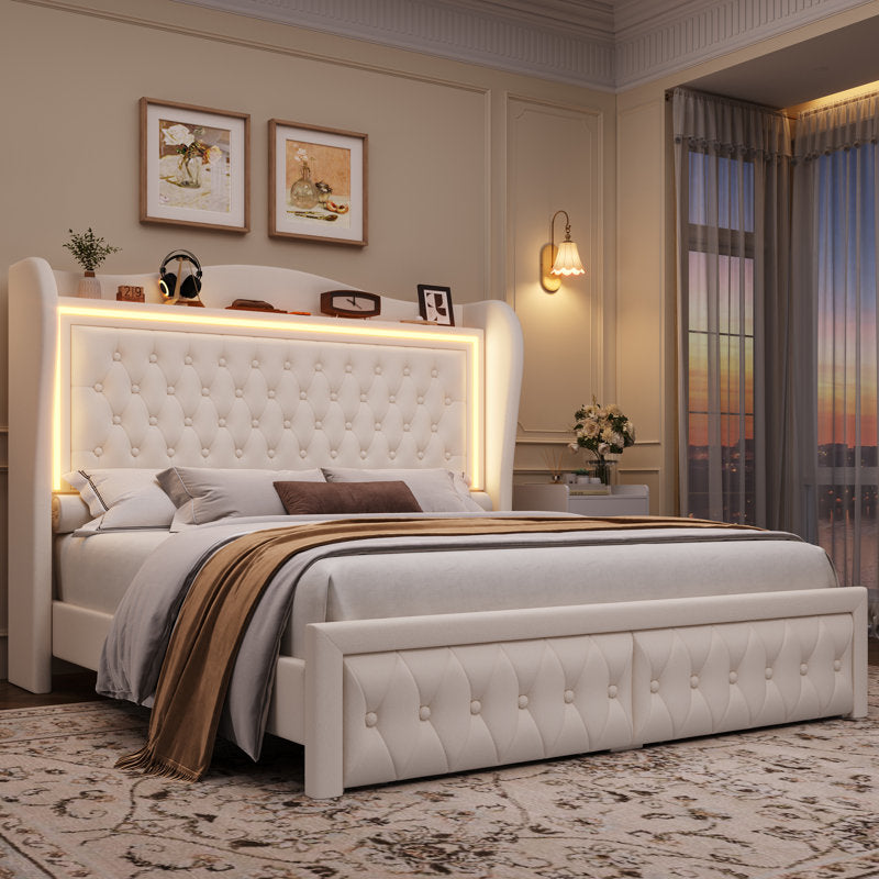 Kaliya Queen Velvet Upholstered Platform Bed: Wingback Headboard with LED Lighting & 2 Storage Drawers, Solid Wood Frame king White