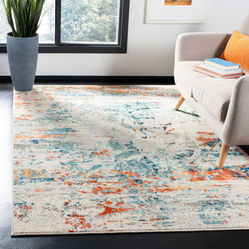 Abstract Rug Cream/ orange/ blue rug 9x12 ft