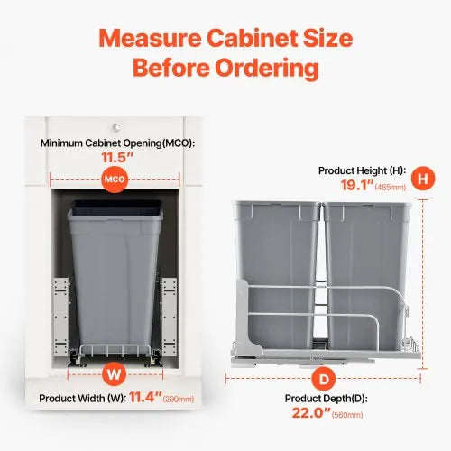 Double 27QTx2 Pullout Waste Container Under Cabinet Kitchen Bin Trash Can