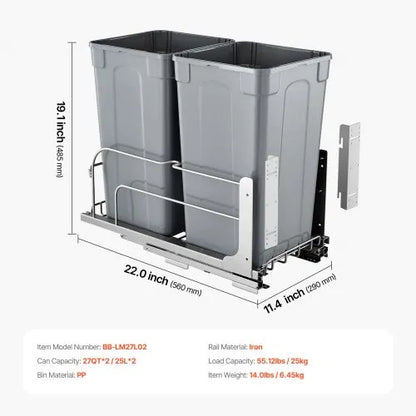 Double 27QTx2 Pullout Waste Container Under Cabinet Kitchen Bin Trash Can