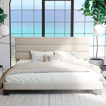 Elison Platform Bed with Fabric Upholstered Headboard and Wooden Slats Beige King Size