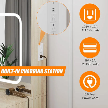 Vanity Desk,makeup Vanity Desk With Sliding Lighted Mirror, Charging Station (Oak)