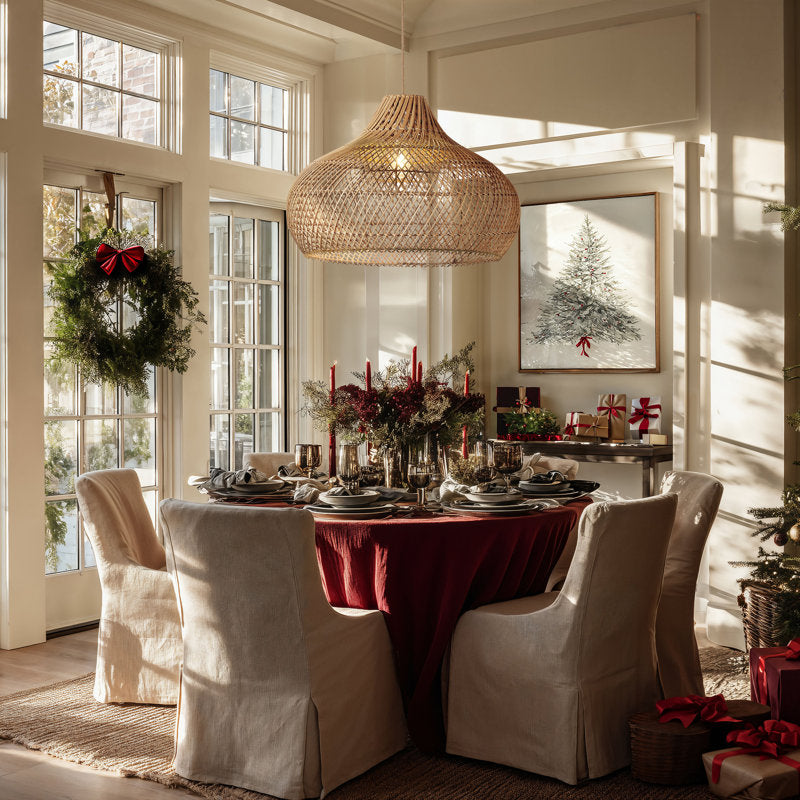 Hand-woven rattan lampshade hanging lamp Anjanie with 1 natural light or wired light fixture for Japanese Boho style dining room, kitchen or bedroom