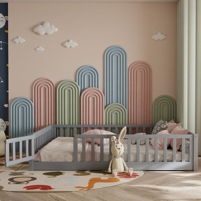 Finka Kids Floor Platforms Bed With Fence and Door (Oak White Queen Bed)