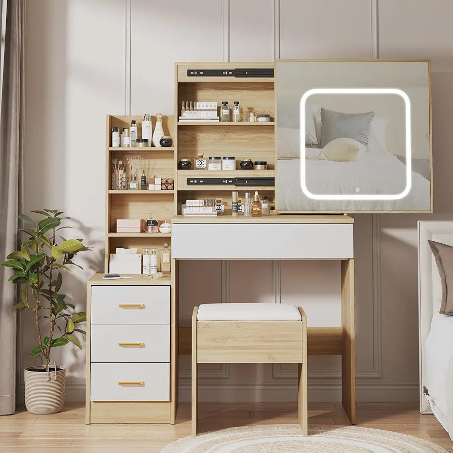 Vanity Desk,makeup Vanity Desk With Sliding Lighted Mirror, Charging Station (Oak)