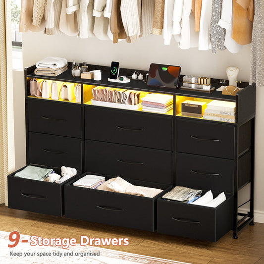 Cheo 9 - Drawer Dresser With 2-Tier Open Shelf, Dresser With Power Outlet & Led, 43"W Dresser For Bedroom (BLACK )