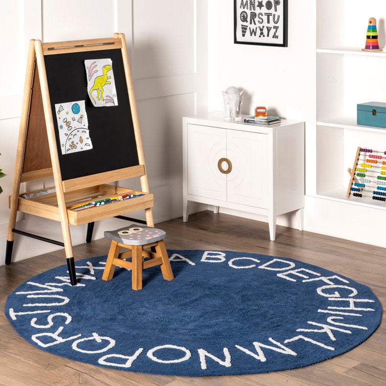 Kids Washable Round Alphabet Rug 4 ft Round Blue