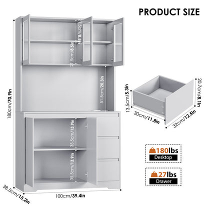 Satavia 70.9'' Kitchen Pantry with LED Lights and Charging Station, Microwave Shelf Grey