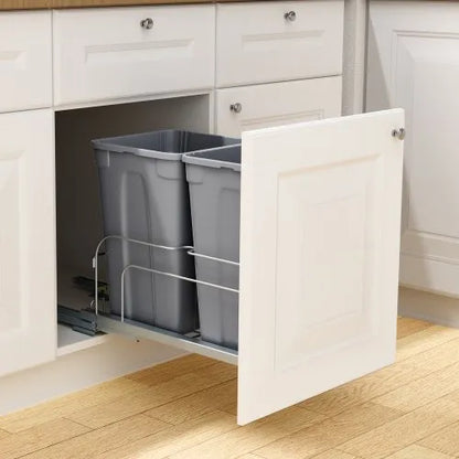 Double 27QTx2 Pullout Waste Container Under Cabinet Kitchen Bin Trash Can