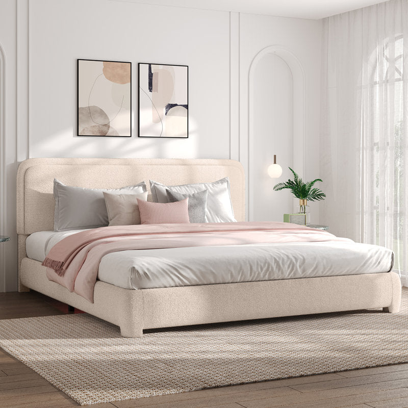 Bensu Boucle Upholstered Platform Bed Cream King Size