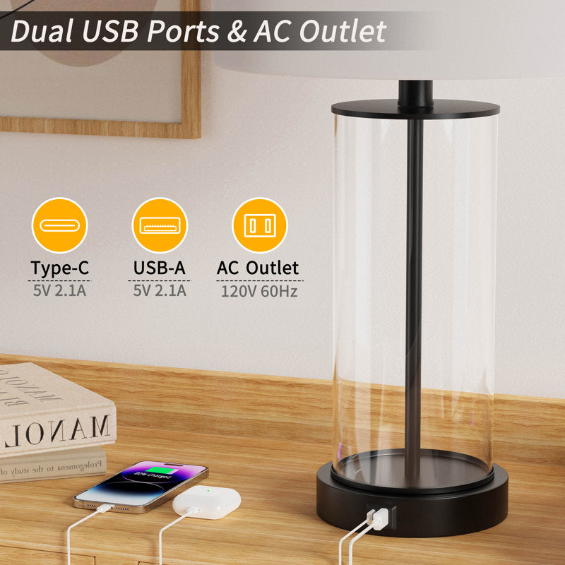 Quinita 23" Glass Table Lamp Set with Touch Control, LED Bulbs, USB Ports