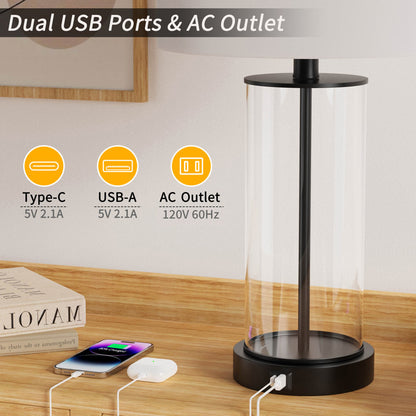 Quinita 23" Glass Table Lamp Set with Touch Control, LED Bulbs, USB Ports