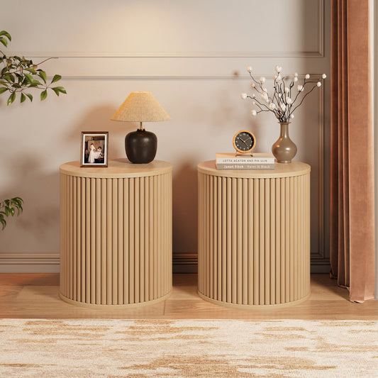 Fluted Round End Table Set of 2-Natural Colour