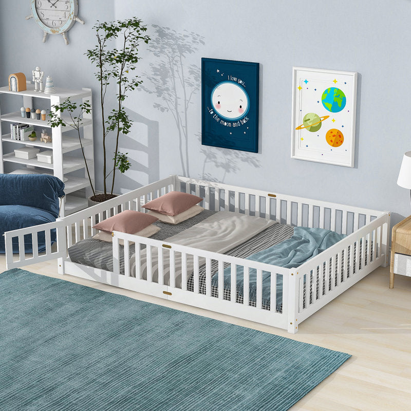 Finka Kids Floor Platforms Bed With Fence and Door (Oak White Queen Bed)