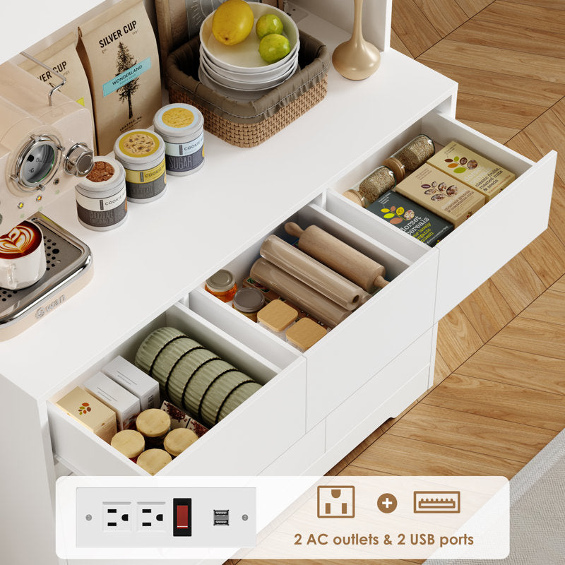 Aybike 71" Tall Kitchen Pantry Cabinet with Charge Station & LED Light, Freestanding Food Pantry with 4 Cabinets, 3 Drawers & Microwave Shelf, Kitchen Hutch Storage, Adjustable Shelves