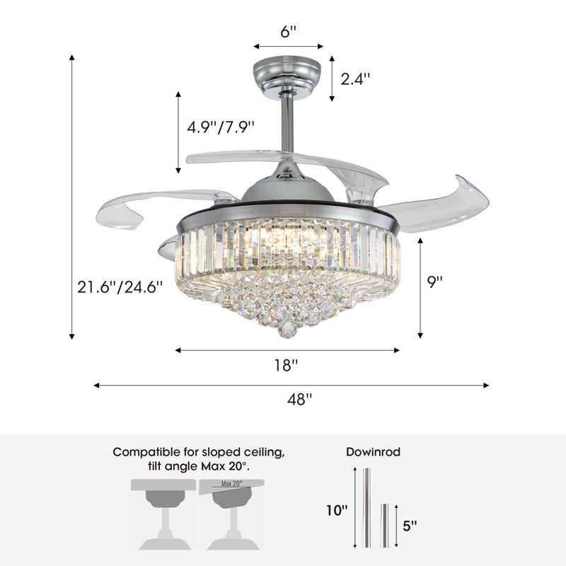 Presnell Dimmable Crystal Ceiling Fan with LED Lights and Remote Control Silver 48"