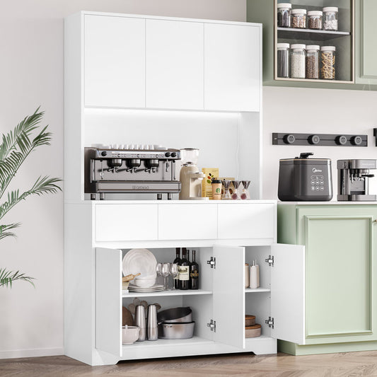 Aybike 71" Tall Kitchen Pantry Cabinet with Charge Station & LED Light, Freestanding Food Pantry with 4 Cabinets, 3 Drawers & Microwave Shelf, Kitchen Hutch Storage, Adjustable Shelves