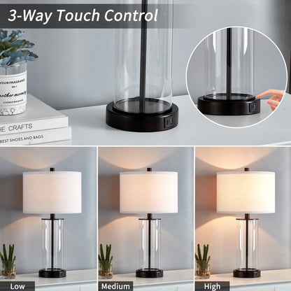 Quinita 23" Glass Table Lamp Set with Touch Control, LED Bulbs, USB Ports